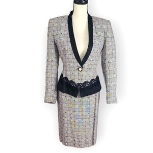 Vintage 80s Rafael Black, White & Red Plaid 2 Piece Skirt & Blazer Suit Size 4
